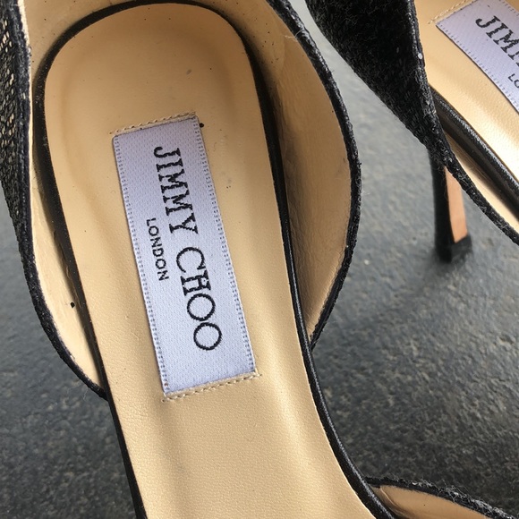 CYBER SALE! Jimmy Choo Black Glittery Peep Toe Heels S… - Picture 8 of 9